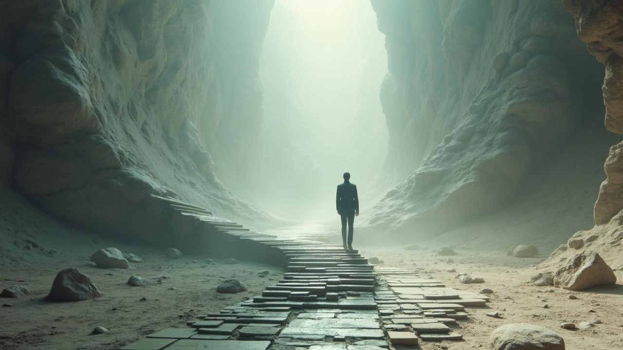 Solitary Figure at Misty Canyon with Rugged Landscape