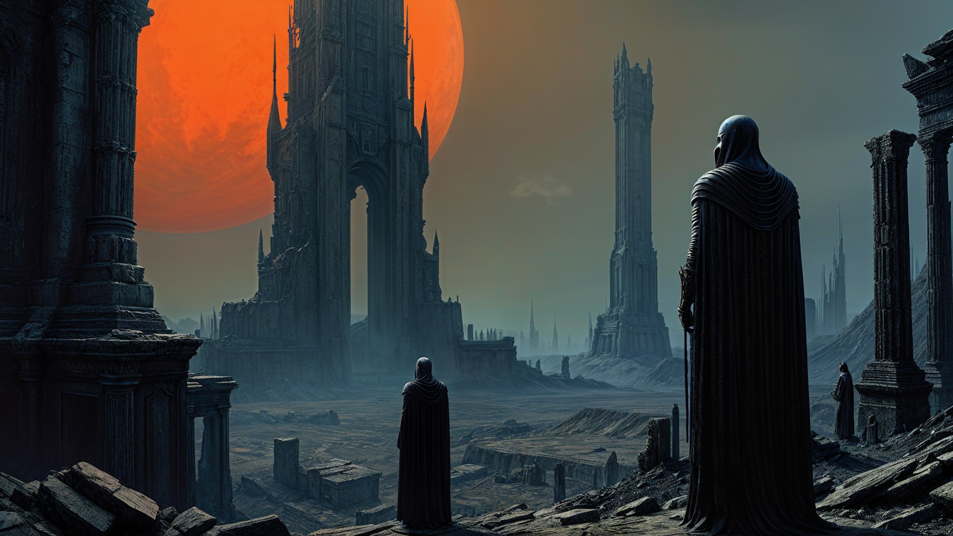 Desolate Landscape with Crumbling Structures and Moon