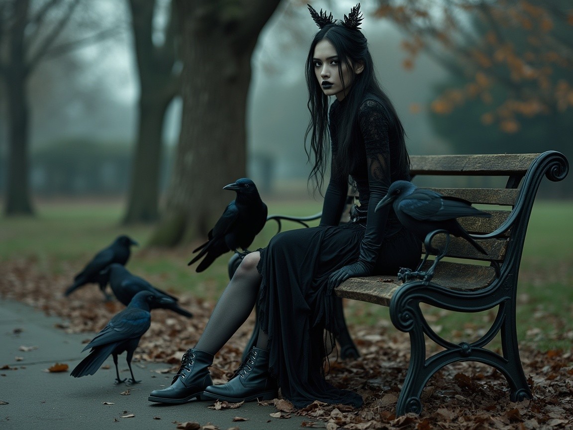 Gothic Figure in Misty Park Surrounded by Crows