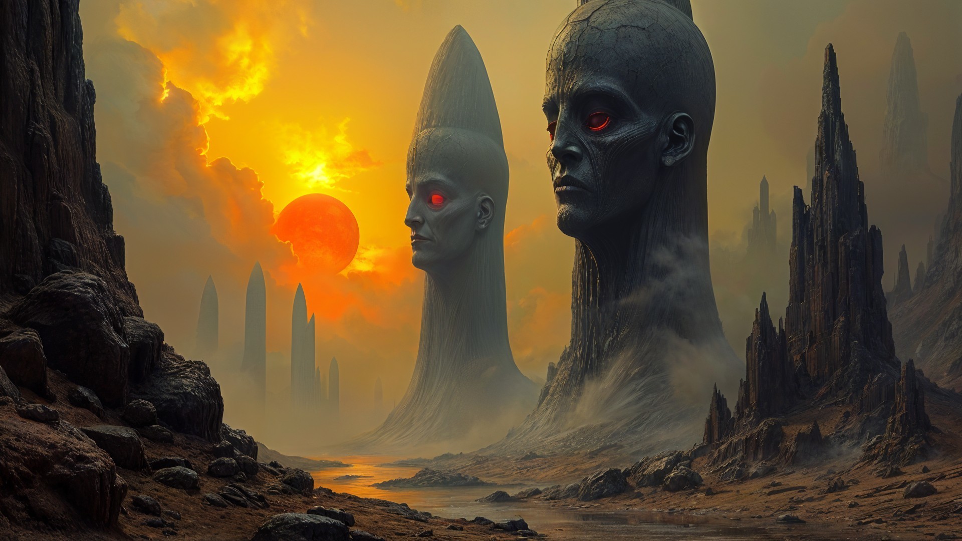 Surreal Landscape with Towering Faceless Heads and Sunset