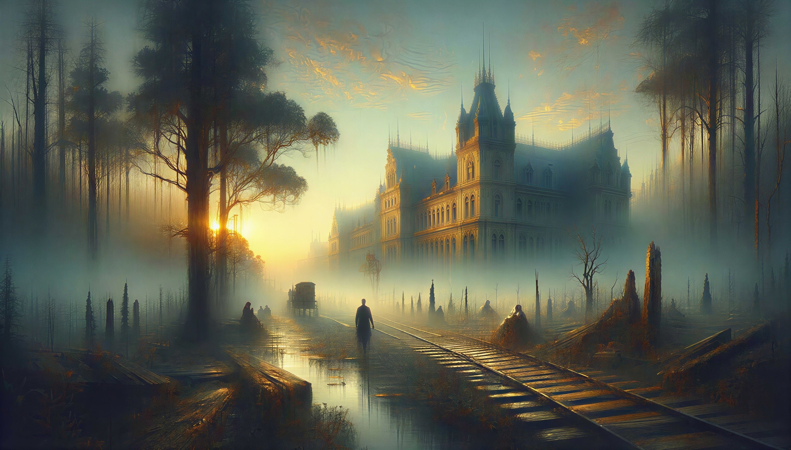 Foggy Sunrise Landscape with Ornate Building and Tracks