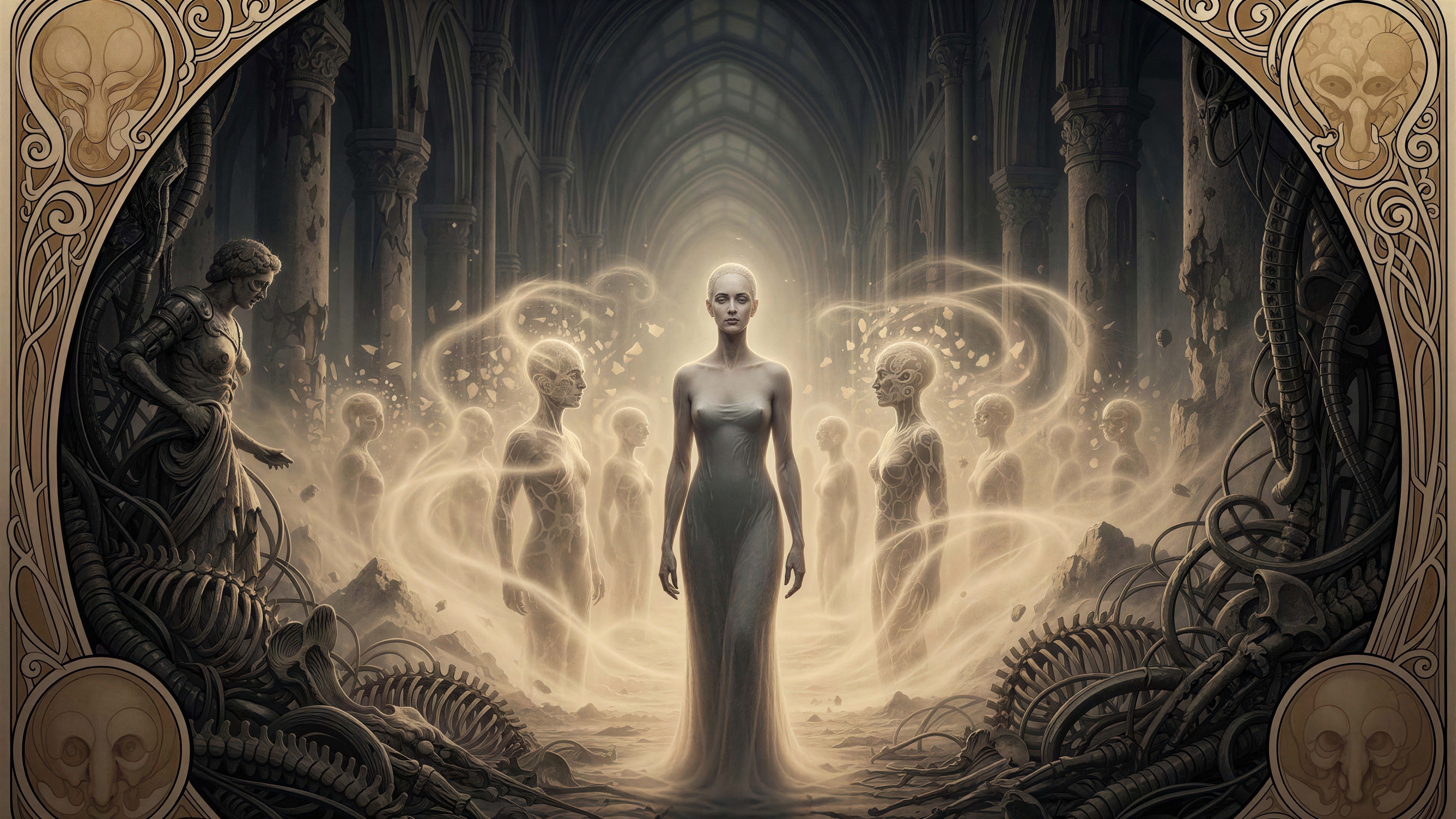 Gothic Cathedral with Ethereal Figures and Bio-Mechanical Elements