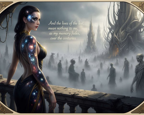 Woman in Black Dress Overlooking Dystopian Cityscape