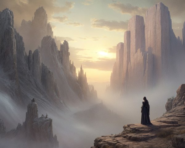 Majestic landscape with misty mountains at sunset