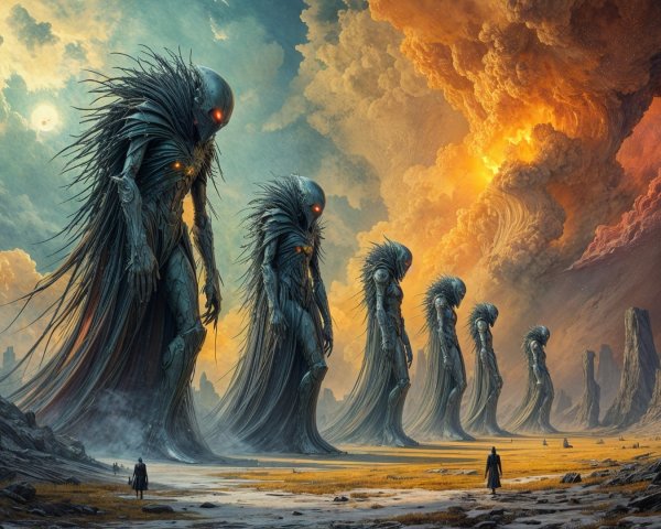 Surreal Landscape with Towering Humanoid Figures