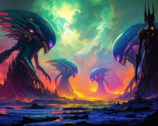Surreal Landscape with Alien Creatures and Fiery Mountains