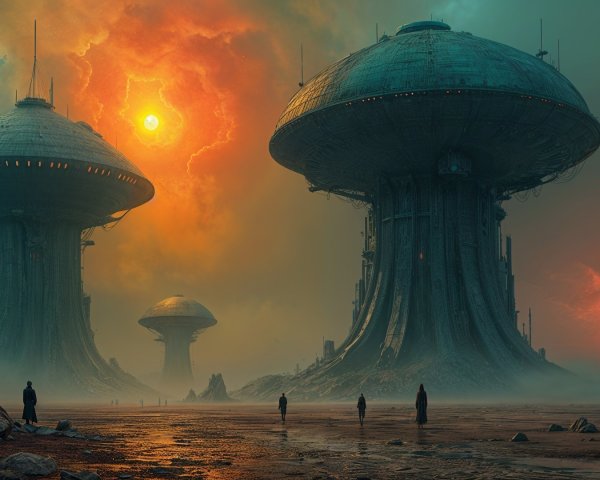 Surreal Landscape with Towering Structures and Fiery Sky