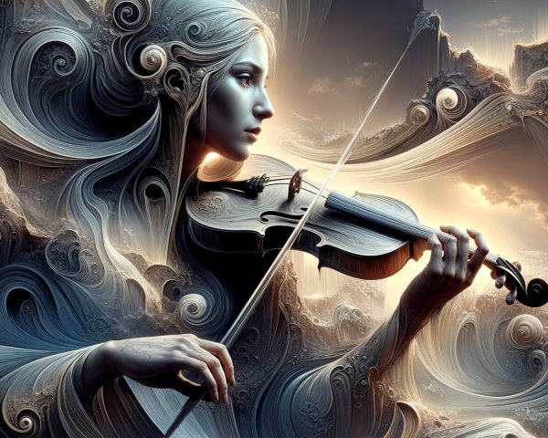 Surreal Art of Woman with Wave-Like Hair and Violin
