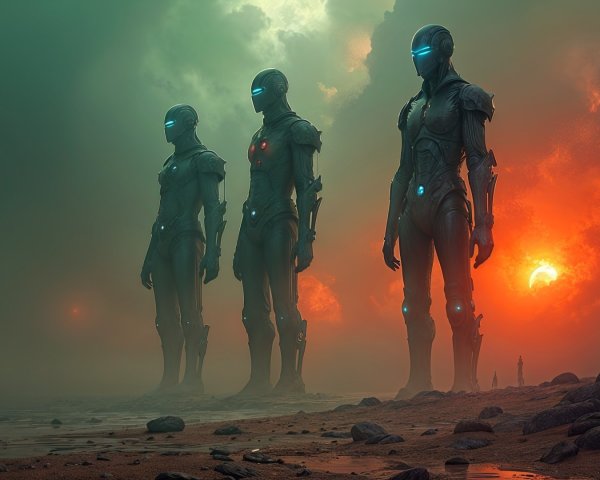 Futuristic Humanoid Figures in Barren Landscape