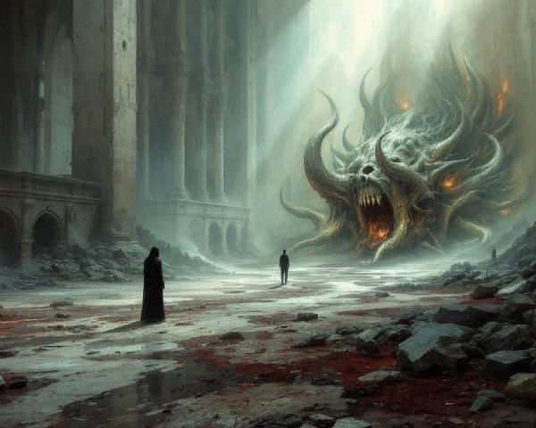 Desolate temple scene with monstrous creature and figure