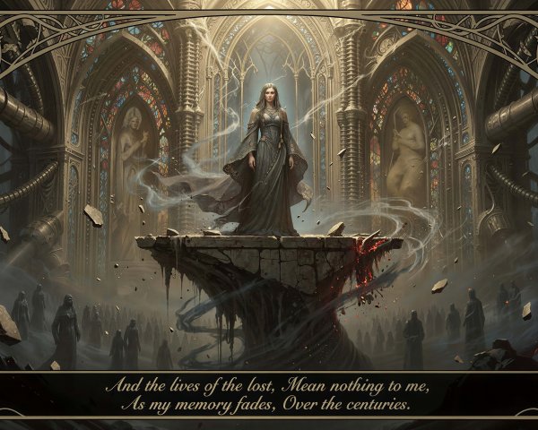 Gothic Scene with Woman in Black Dress and Mist