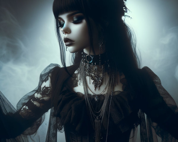 Gothic Figure in Ethereal Mist with Dramatic Makeup