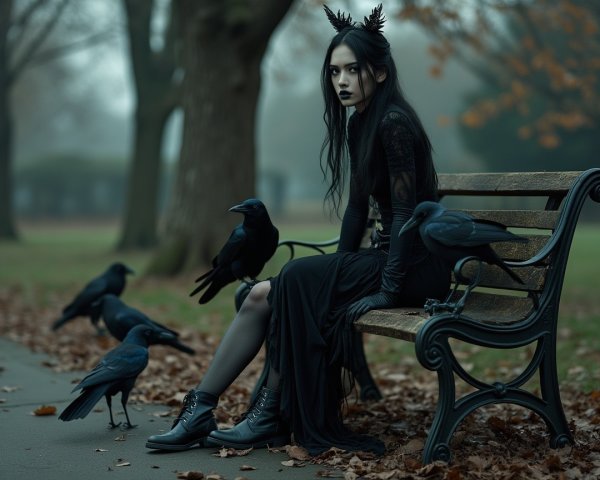 Gothic Figure in Misty Park Surrounded by Crows