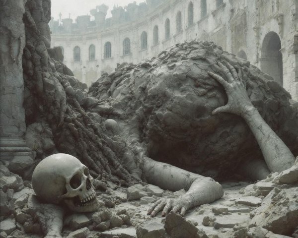 Stone Figure in Ruined Coliseum with Skull Nearby