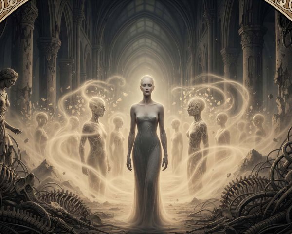 Gothic Cathedral with Ethereal Figures and Bio-Mechanical Elements