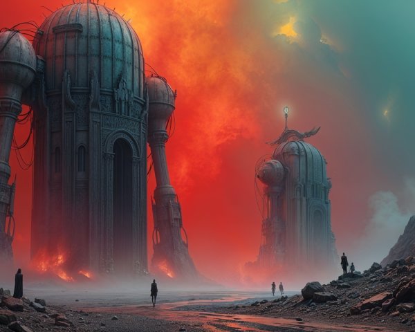 Surreal Landscape with Futuristic Structures and Sky