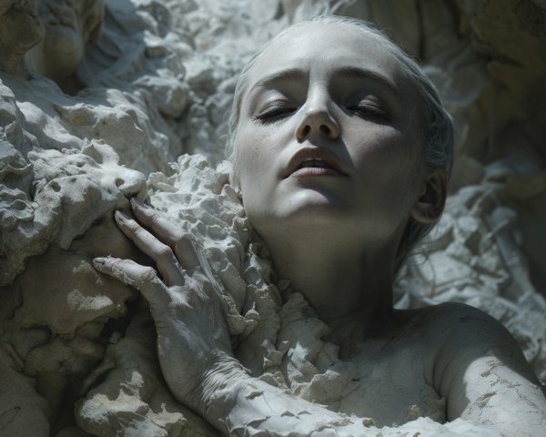 Serene Figure in Textured Stone-Like Formations