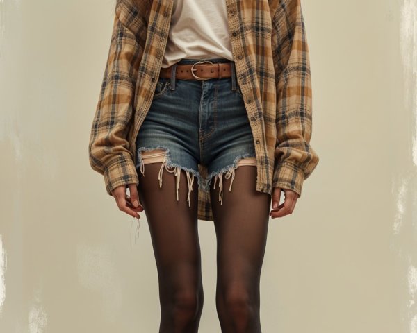 Young woman in oversized plaid shirt and denim shorts