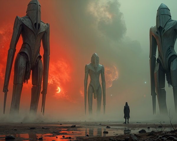 Surreal Landscape with Futuristic Figures and Dramatic Sky