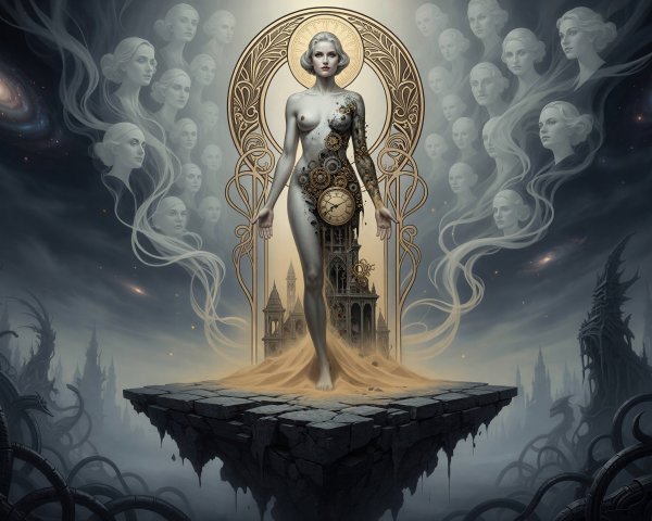 Steampunk Goddess on Floating Rock Platform with City Structure