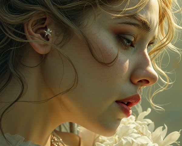 Profile of a Young Woman with Floral Earring and Flowers