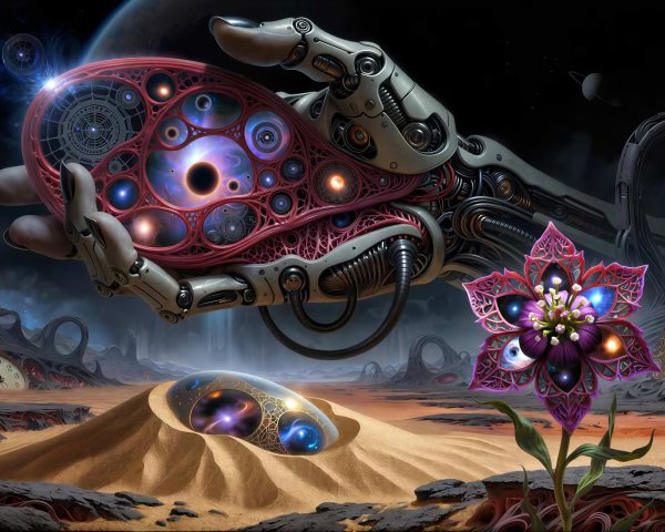 Robotic Hand with Red Orb in Alien Landscape Scene