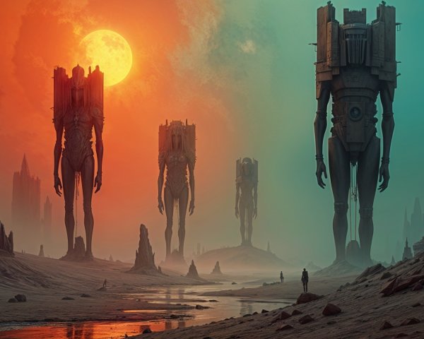 Surreal Landscape with Robotic Structures and Vibrant Sky