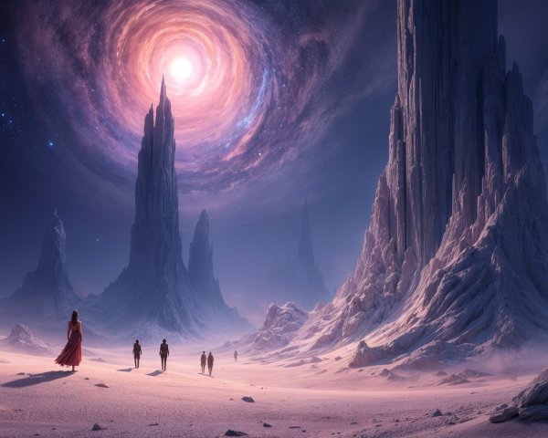 Surreal Landscape with Rocky Spires and Cosmic Vortex