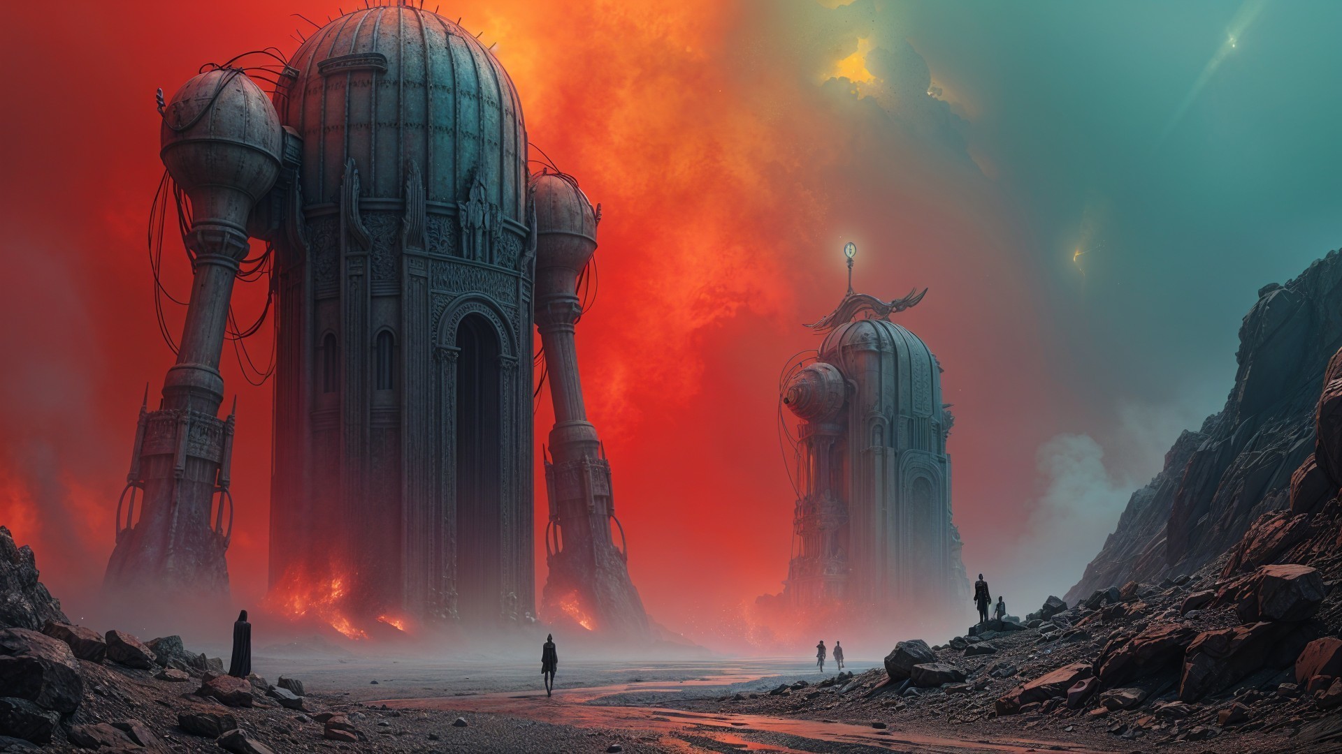 Surreal Landscape with Futuristic Structures and Sky