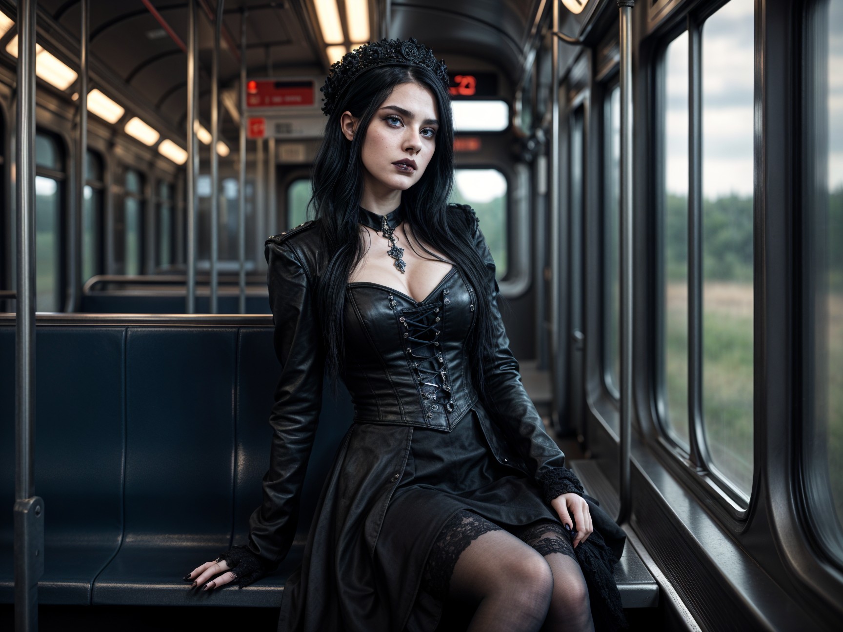Young Woman in Gothic Outfit on Train Seat