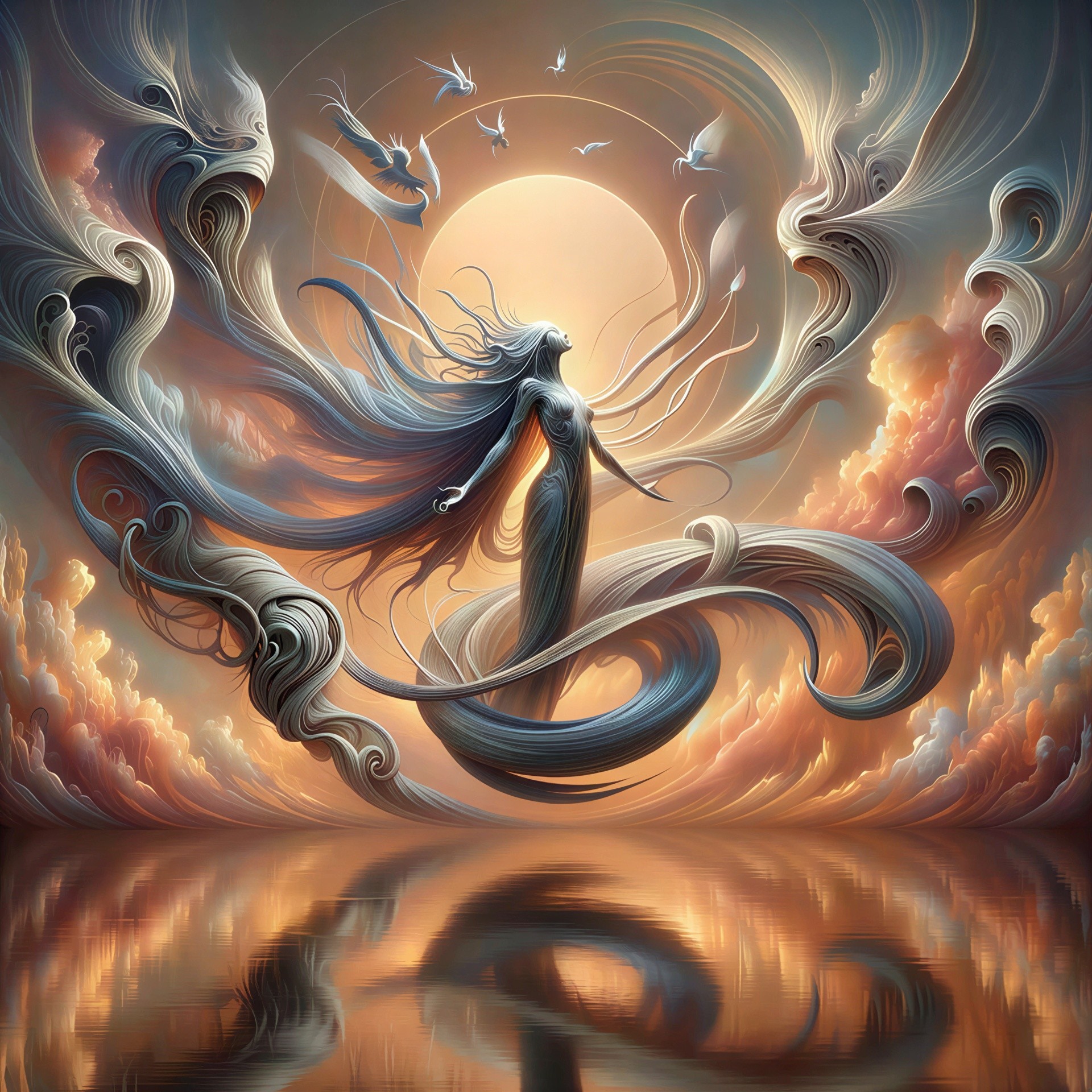 Goddess Figure with Intricate Patterns and Sunlight