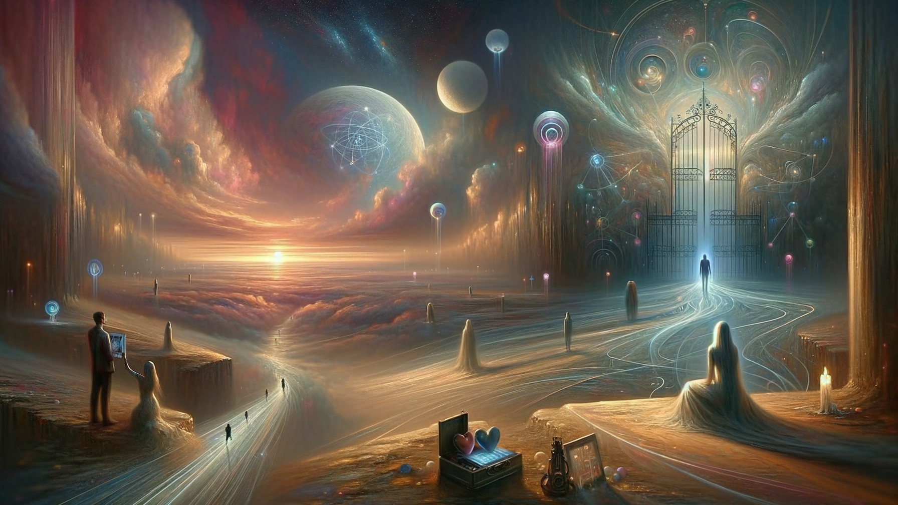 Surreal Landscape with Cosmic Gate and Ethereal Forms