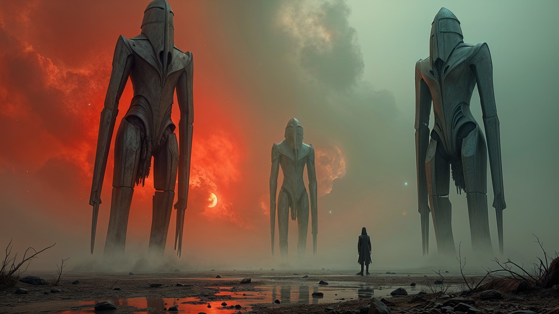 Surreal Landscape with Futuristic Figures and Dramatic Sky