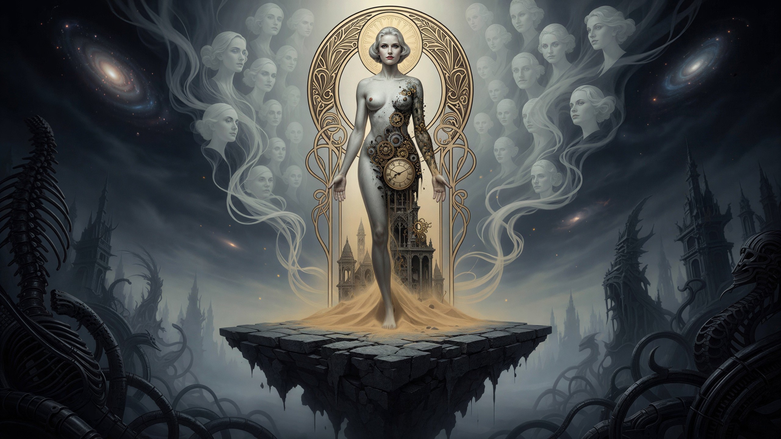 Steampunk Goddess on Floating Rock Platform with City Structure