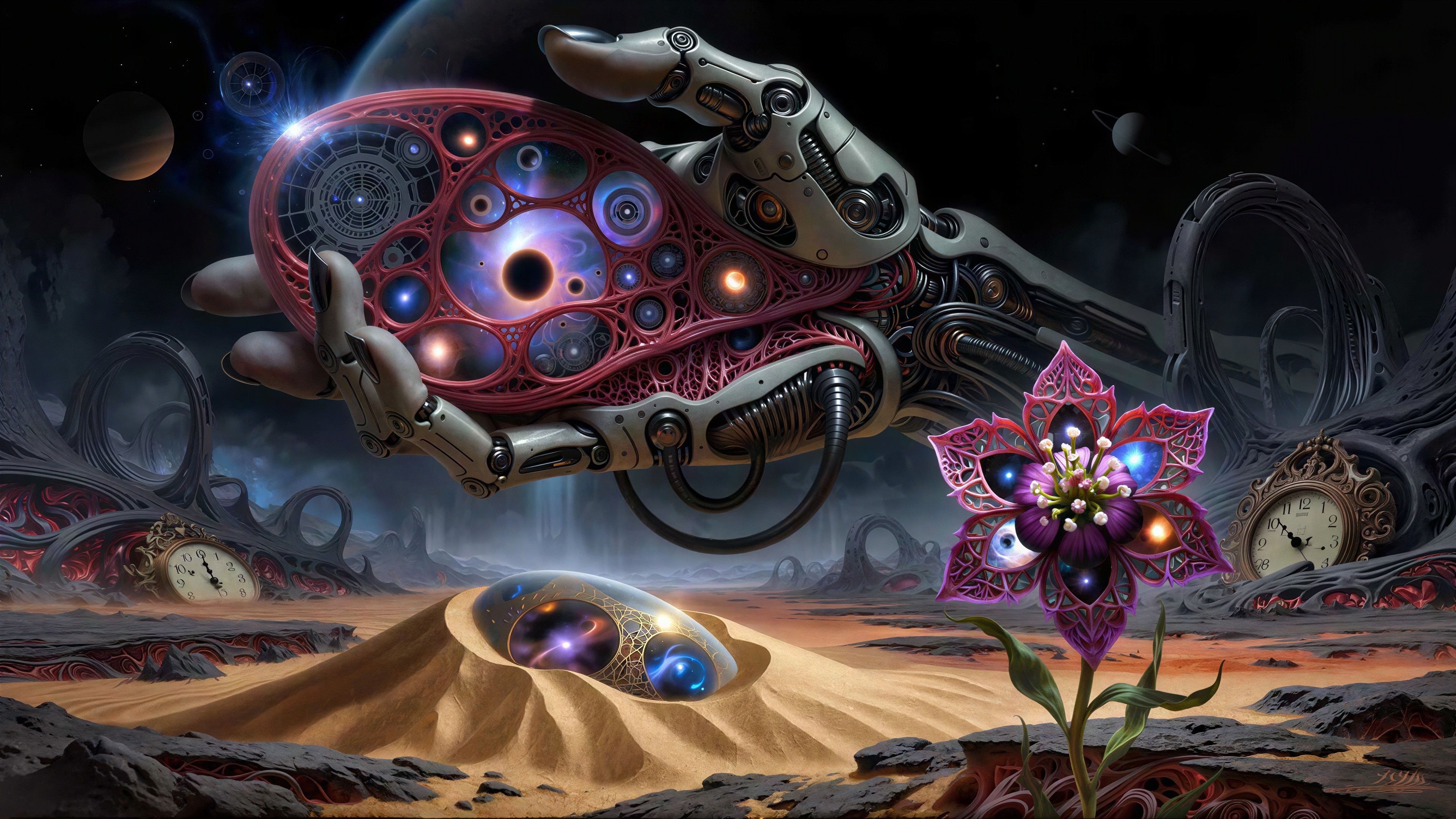 Robotic Hand with Red Orb in Alien Landscape Scene