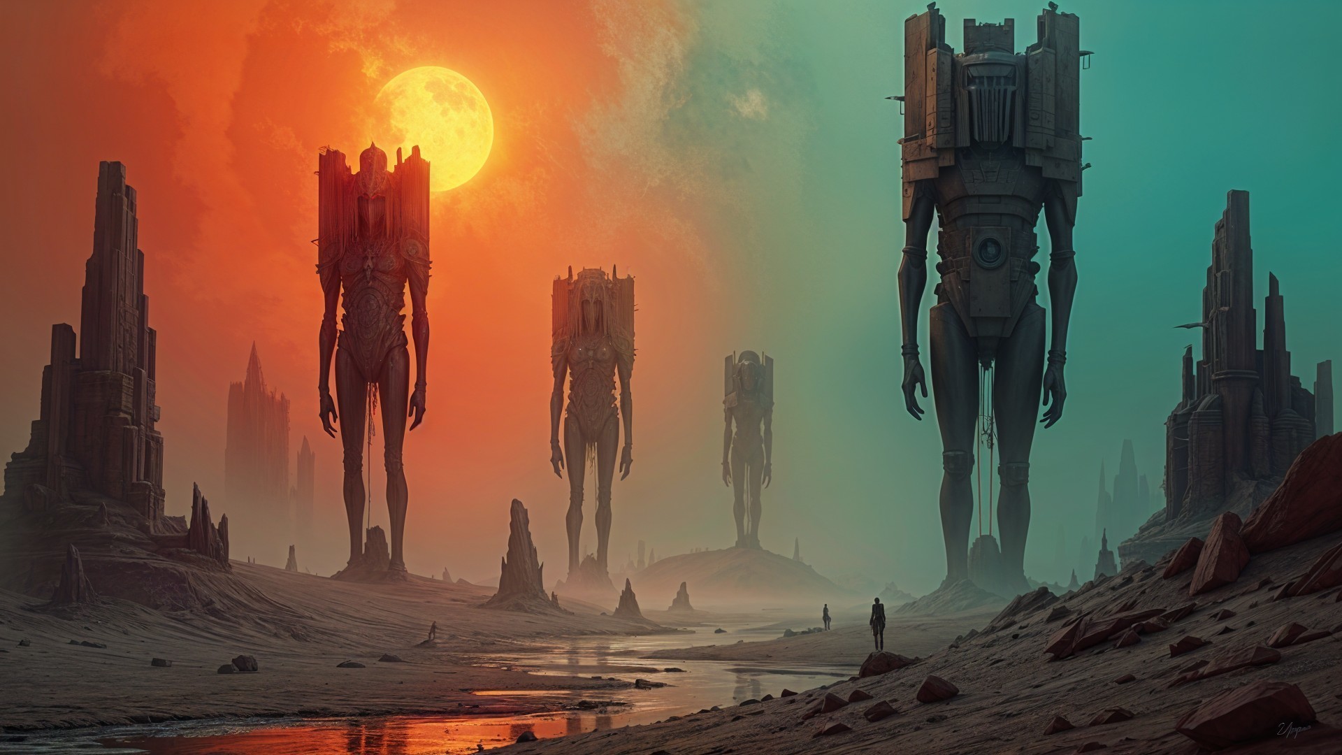 Surreal Landscape with Robotic Structures and Vibrant Sky