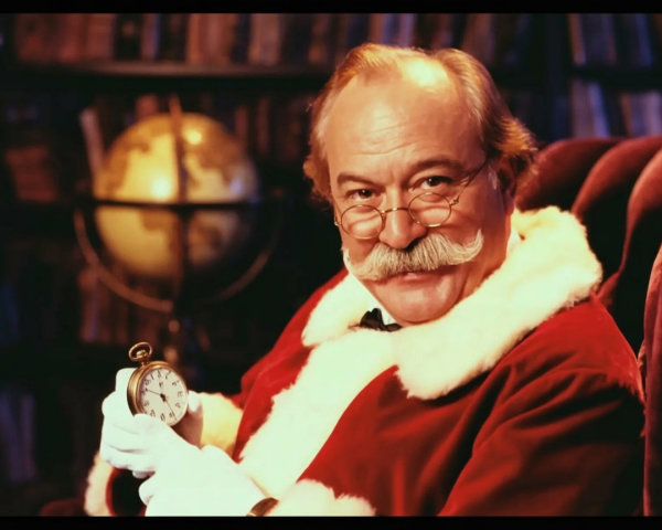 Close-up of an older man in Santa-like attire with globe