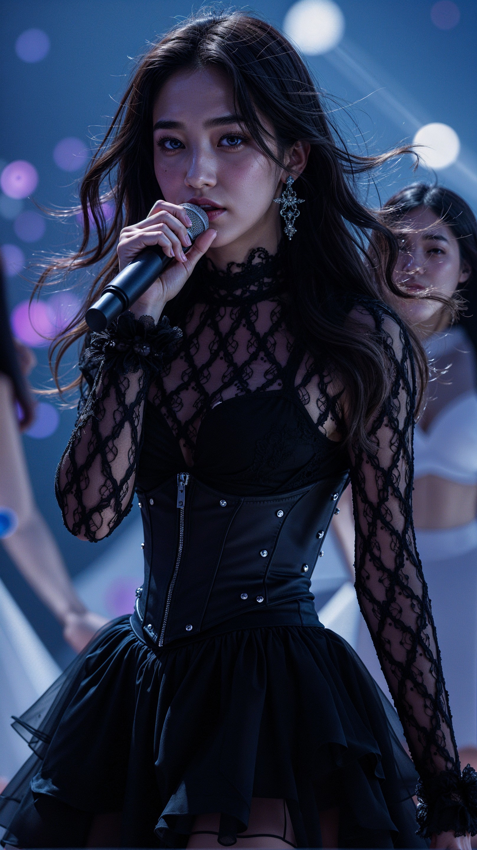 Performer in Spotlight with Stylish Black Corset Outfit
