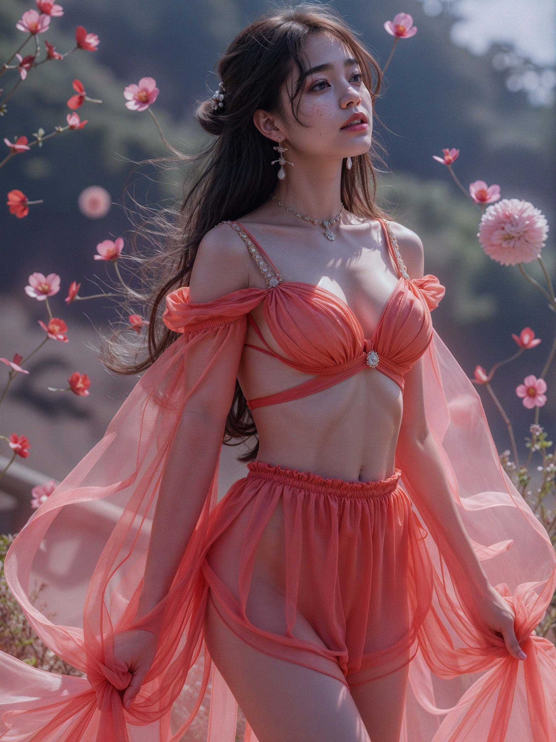 Young woman in coral outfit amidst blooming flowers