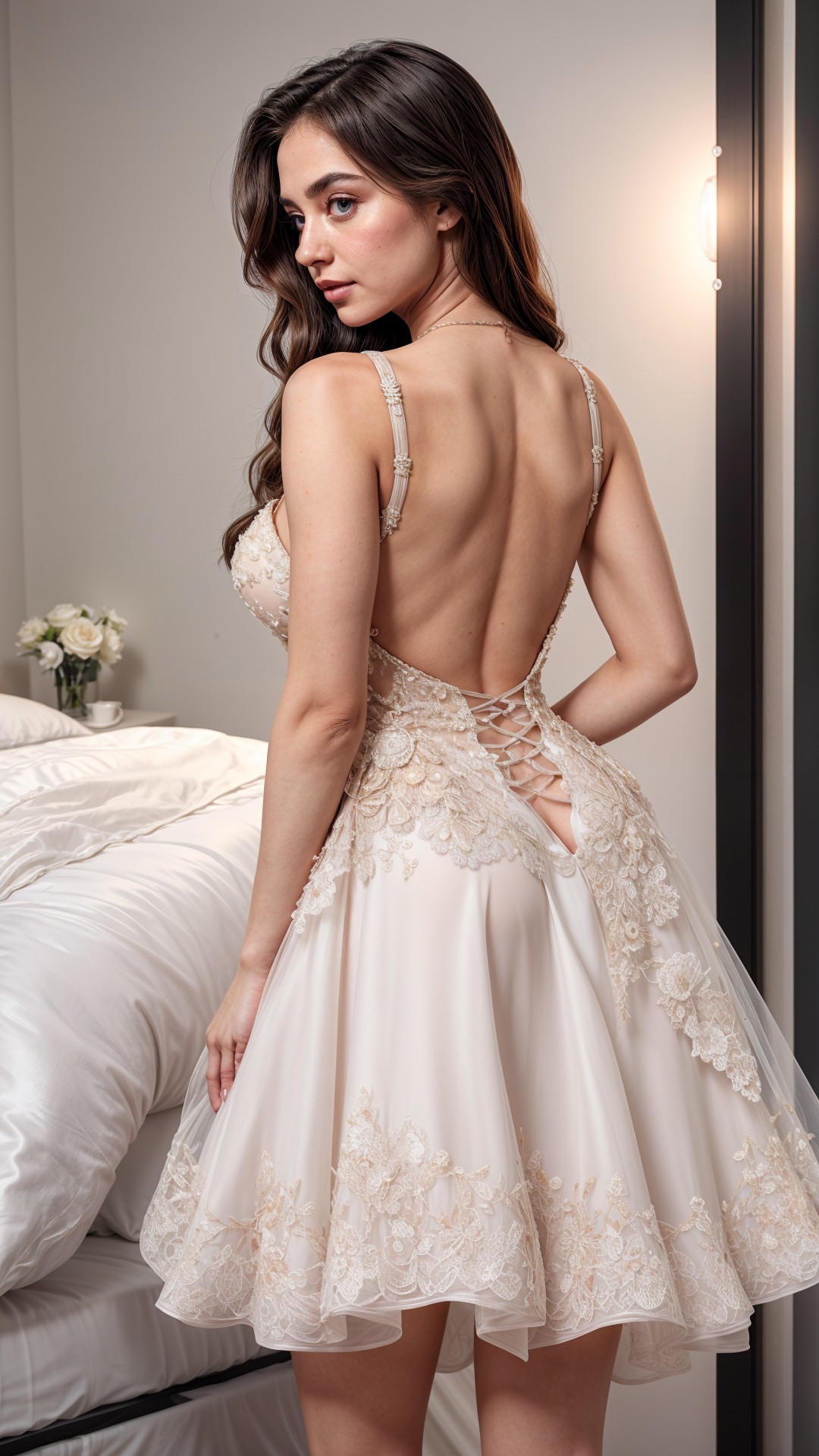 Blush Lace Dress with Intricate Detailing and Soft Lighting