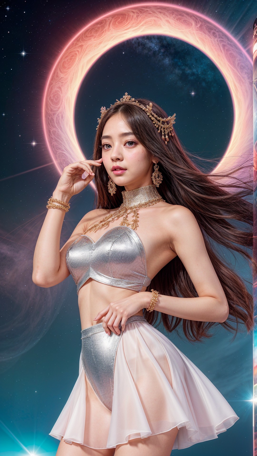 Young woman in silver outfit against cosmic backdrop