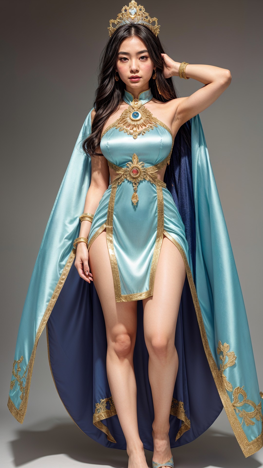 Elegant Woman in Turquoise Gown with Gold Accents
