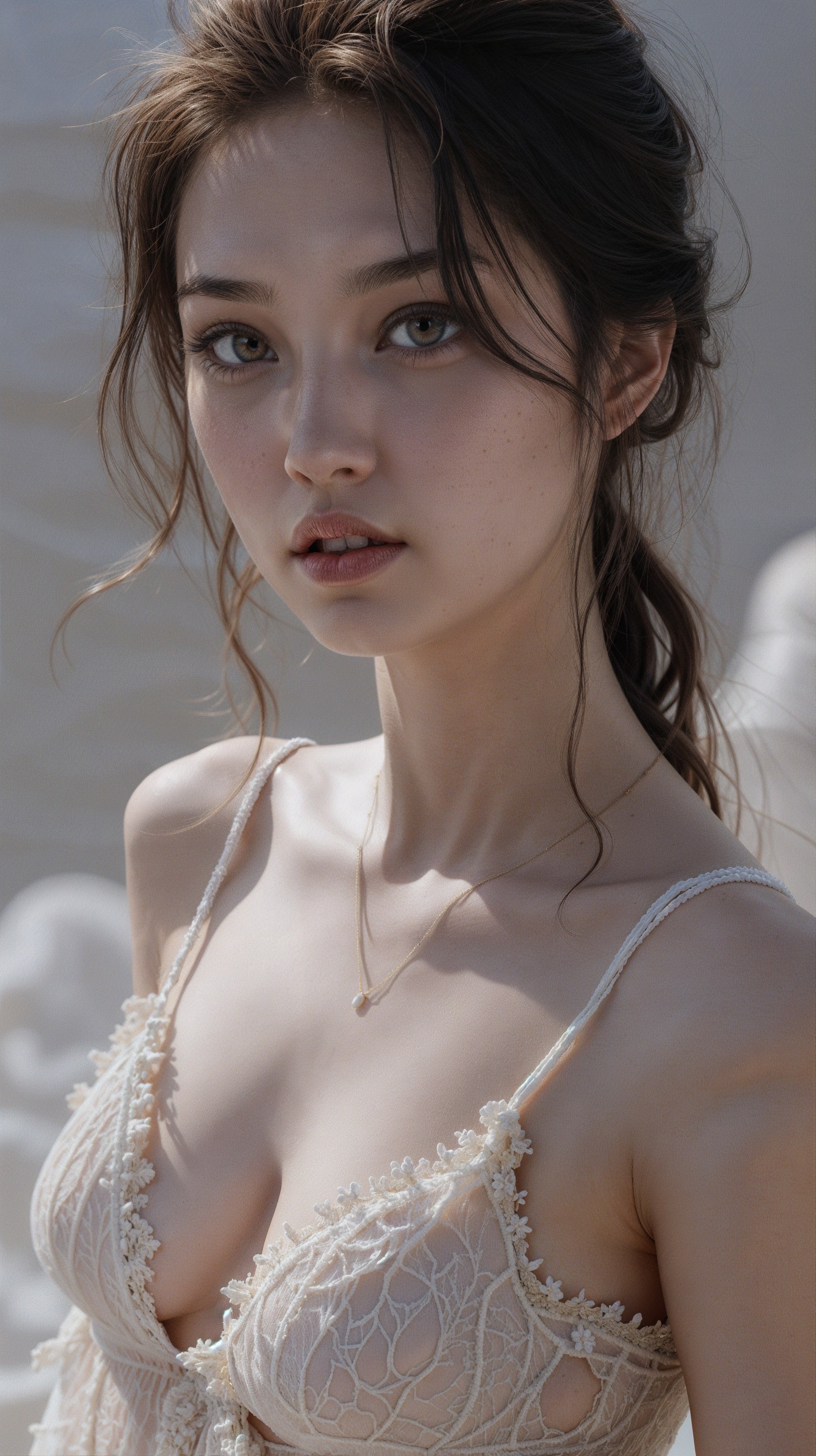 Young woman in lace dress with soft lighting and elegance