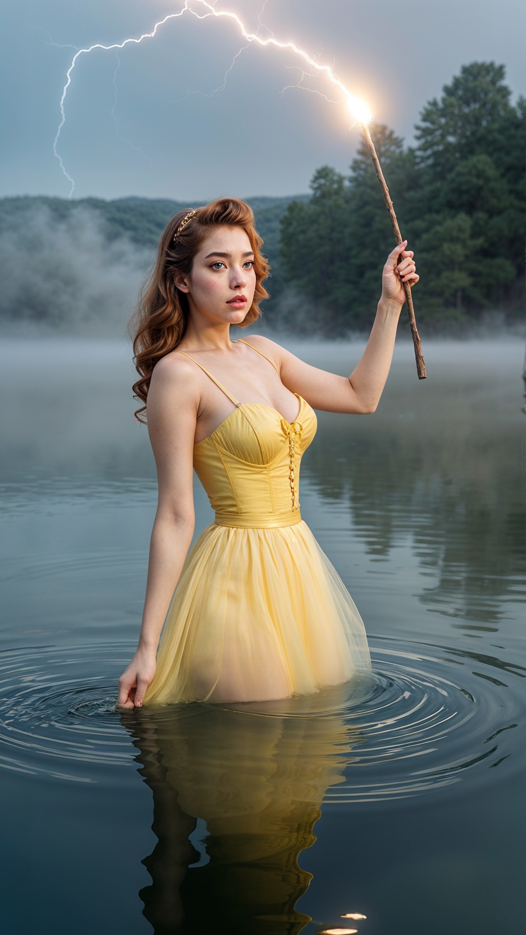 Young woman in yellow dress conjures lightning in lake