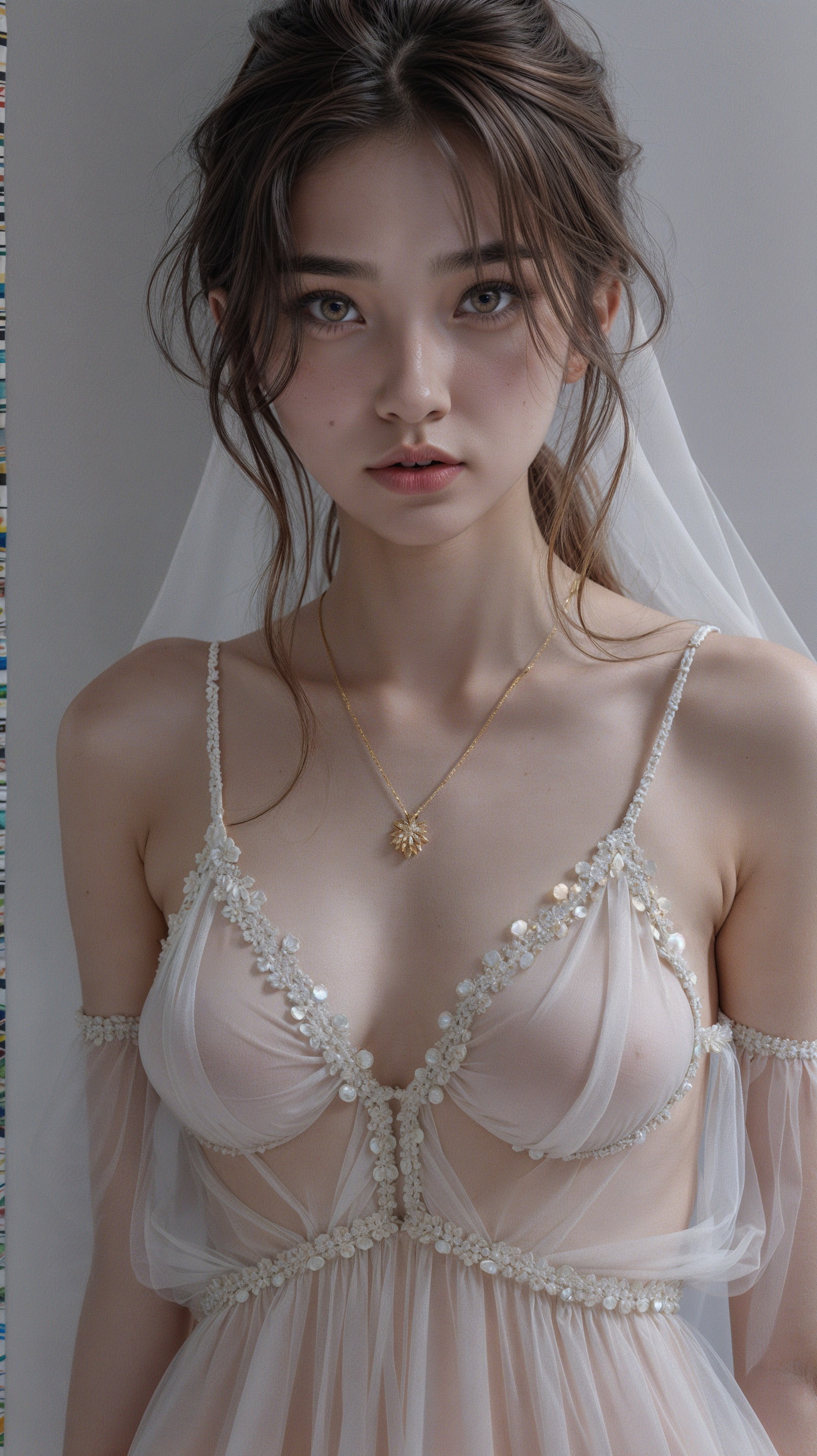 Young Woman in Sheer Bridal Gown with Floral Details