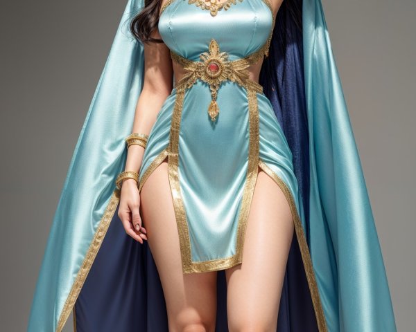 Elegant Woman in Turquoise Gown with Gold Accents
