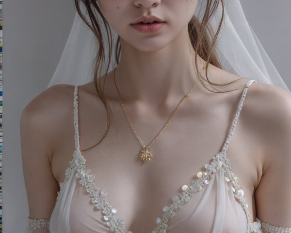 Young Woman in Sheer Bridal Gown with Floral Details