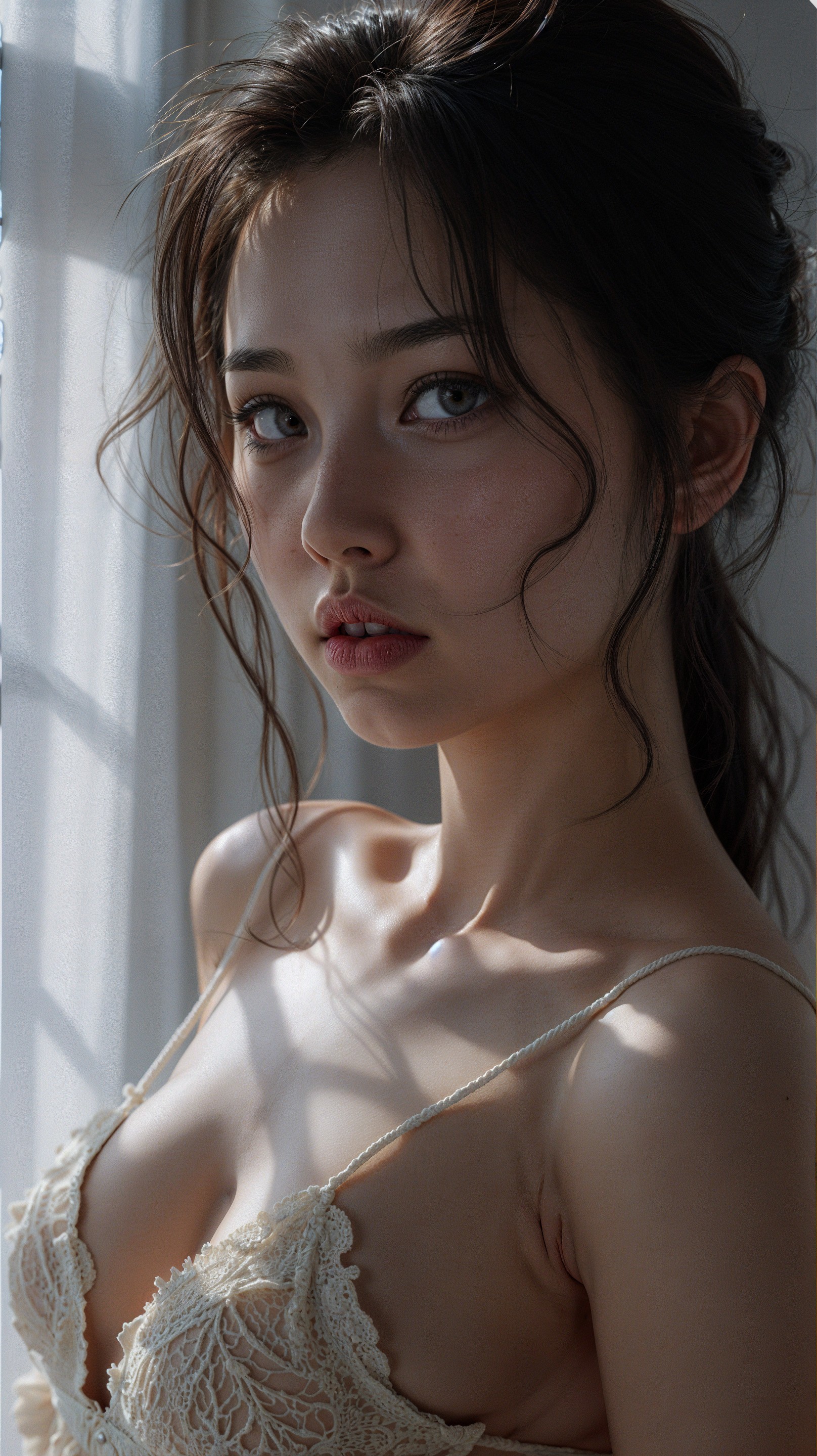 Young Woman in Natural Light with Elegant Lace Garment