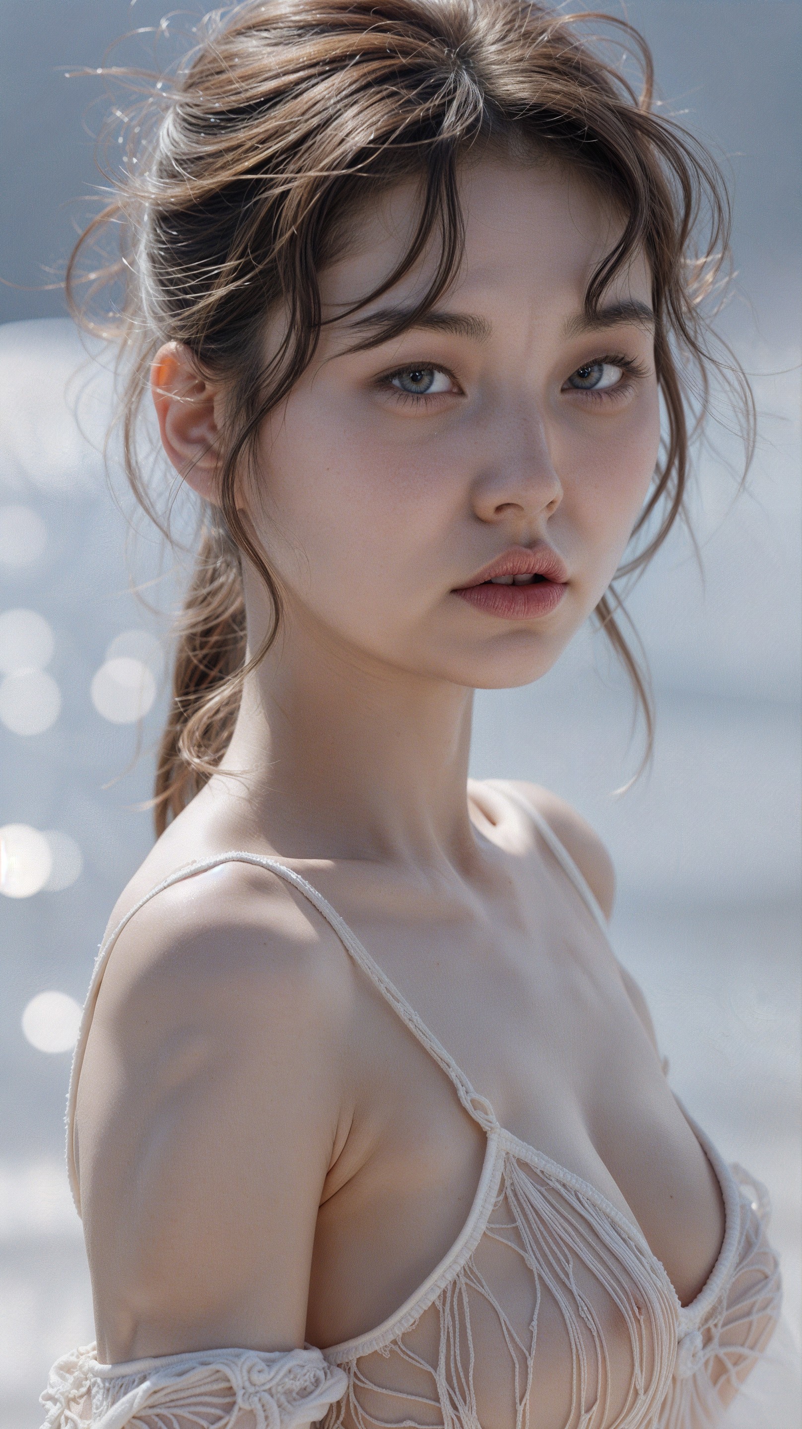 Young woman by water with serene expression and breeze
