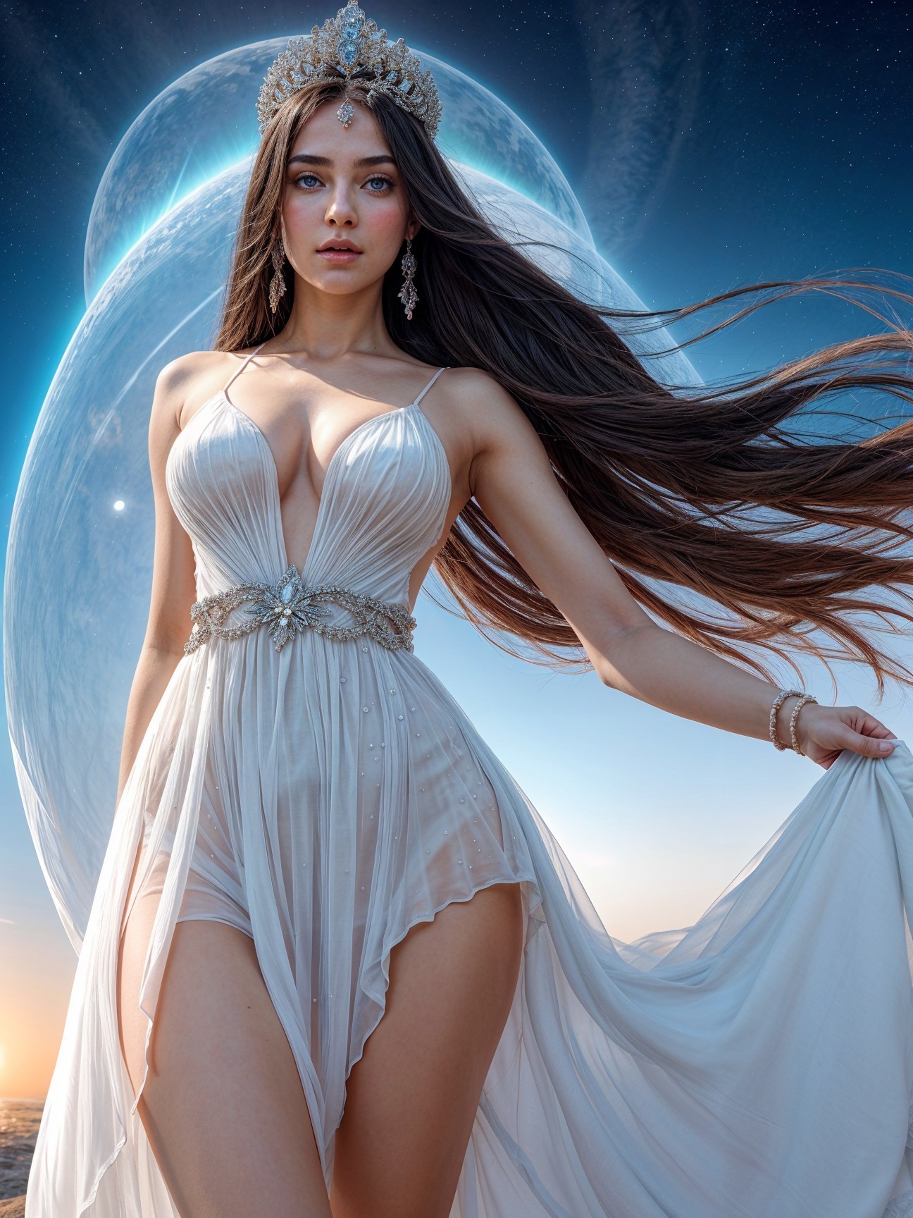 Ethereal Figure in White Dress Against Cosmic Backdrop